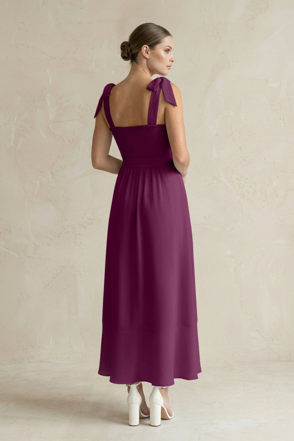 Square Neck A - Line Chiffon Midi Bridesmaid Dress with Bow in Fig - KissProm Bridesmaid Dresses