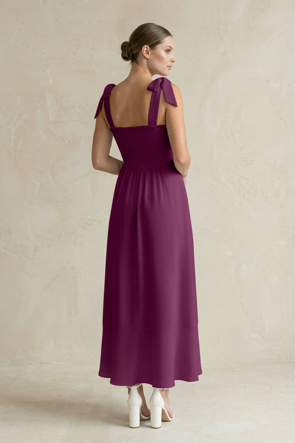 Square Neck A - Line Chiffon Midi Bridesmaid Dress with Bow in Fig - KissProm Bridesmaid Dresses