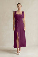Square Neck A - Line Chiffon Midi Bridesmaid Dress with Bow in Fig - KissProm Bridesmaid Dresses