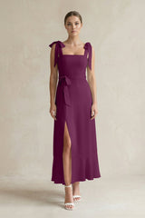 Square Neck A - Line Chiffon Midi Bridesmaid Dress with Bow in Fig - KissProm Bridesmaid Dresses