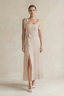 Square Neck A - Line Chiffon Midi Bridesmaid Dress with Bow in Frost - KissProm Bridesmaid Dresses