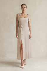 Square Neck A - Line Chiffon Midi Bridesmaid Dress with Bow in Frost - KissProm Bridesmaid Dresses