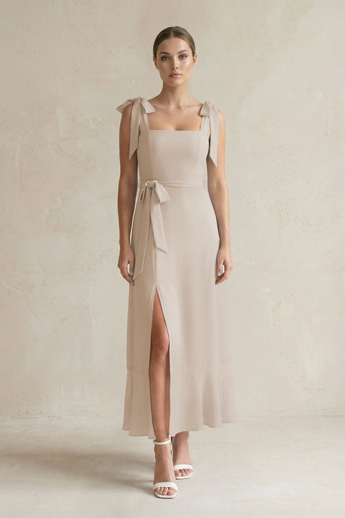 Square Neck A - Line Chiffon Midi Bridesmaid Dress with Bow in Frost - KissProm Bridesmaid Dresses