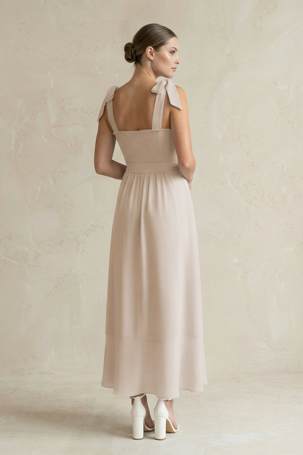 Square Neck A - Line Chiffon Midi Bridesmaid Dress with Bow in Frost - KissProm Bridesmaid Dresses