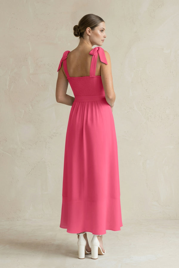Square Neck A - Line Chiffon Midi Bridesmaid Dress with Bow in Fuchsia - KissProm Bridesmaid Dresses