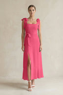 Square Neck A - Line Chiffon Midi Bridesmaid Dress with Bow in Fuchsia - KissProm Bridesmaid Dresses