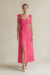 Square Neck A - Line Chiffon Midi Bridesmaid Dress with Bow in Fuchsia - KissProm Bridesmaid Dresses