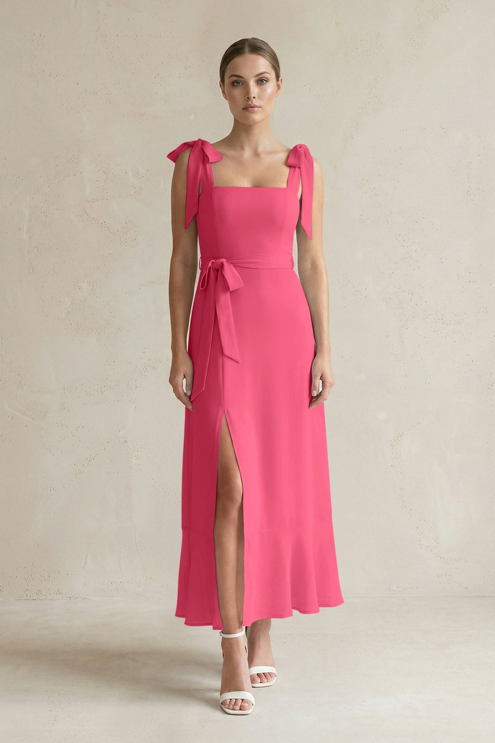 Square Neck A - Line Chiffon Midi Bridesmaid Dress with Bow in Fuchsia - KissProm Bridesmaid Dresses
