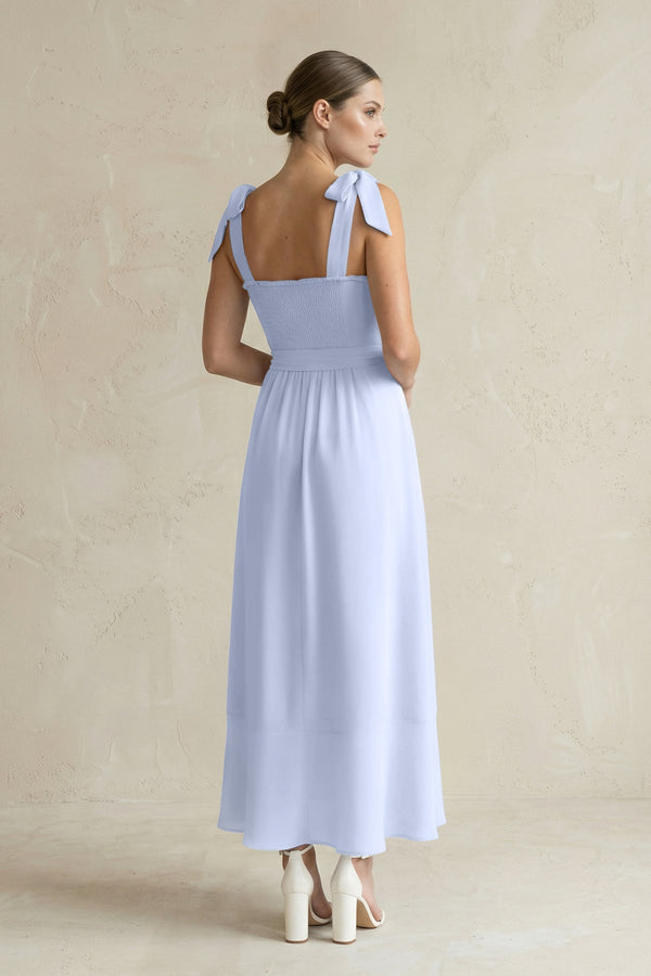 Square Neck A - Line Chiffon Midi Bridesmaid Dress with Bow in Ice - KissProm Bridesmaid Dresses