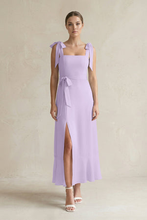 Square Neck A - Line Chiffon Midi Bridesmaid Dress with Bow in Lavender - KissProm Bridesmaid Dresses