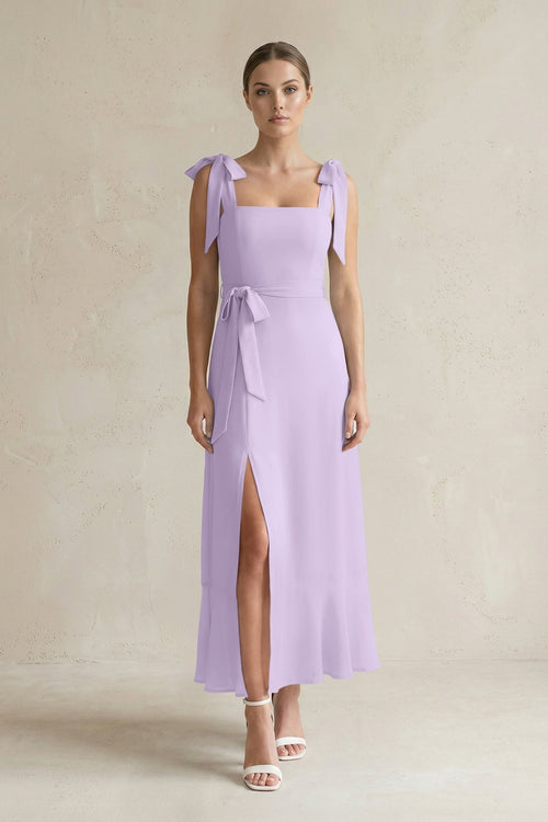 Square Neck A - Line Chiffon Midi Bridesmaid Dress with Bow in Lavender - KissProm Bridesmaid Dresses