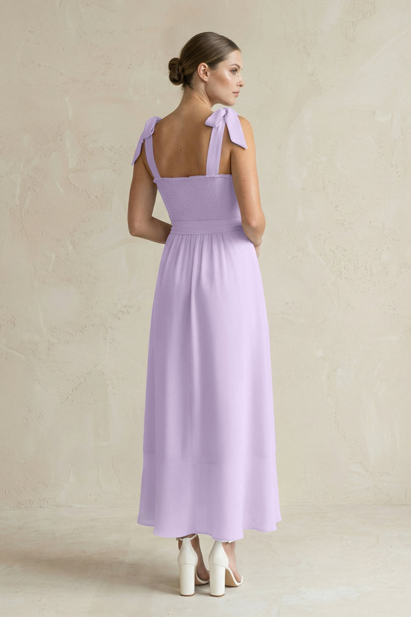 Square Neck A - Line Chiffon Midi Bridesmaid Dress with Bow in Lavender - KissProm Bridesmaid Dresses