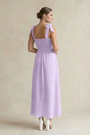 Square Neck A - Line Chiffon Midi Bridesmaid Dress with Bow in Lavender - KissProm Bridesmaid Dresses