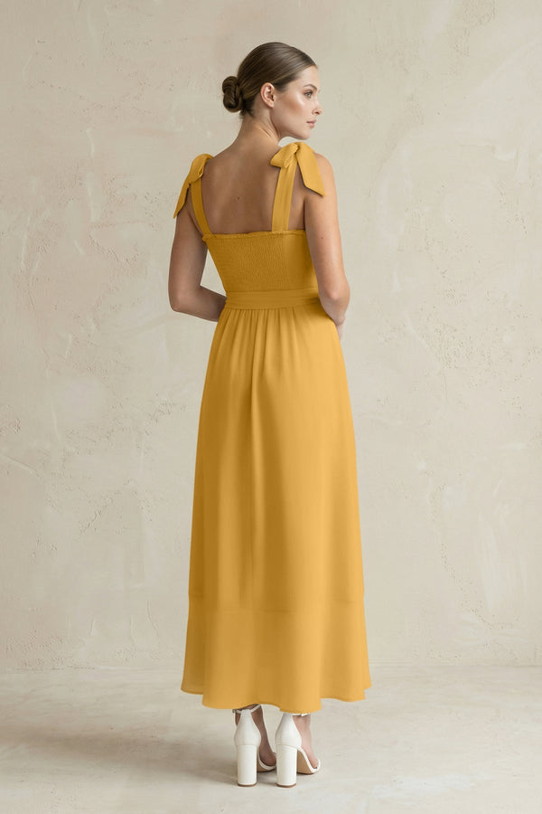 Square Neck A - Line Chiffon Midi Bridesmaid Dress with Bow in Marigold - KissProm Bridesmaid Dresses
