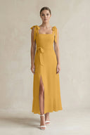 Square Neck A - Line Chiffon Midi Bridesmaid Dress with Bow in Marigold - KissProm Bridesmaid Dresses