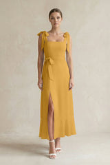 Square Neck A - Line Chiffon Midi Bridesmaid Dress with Bow in Marigold - KissProm Bridesmaid Dresses