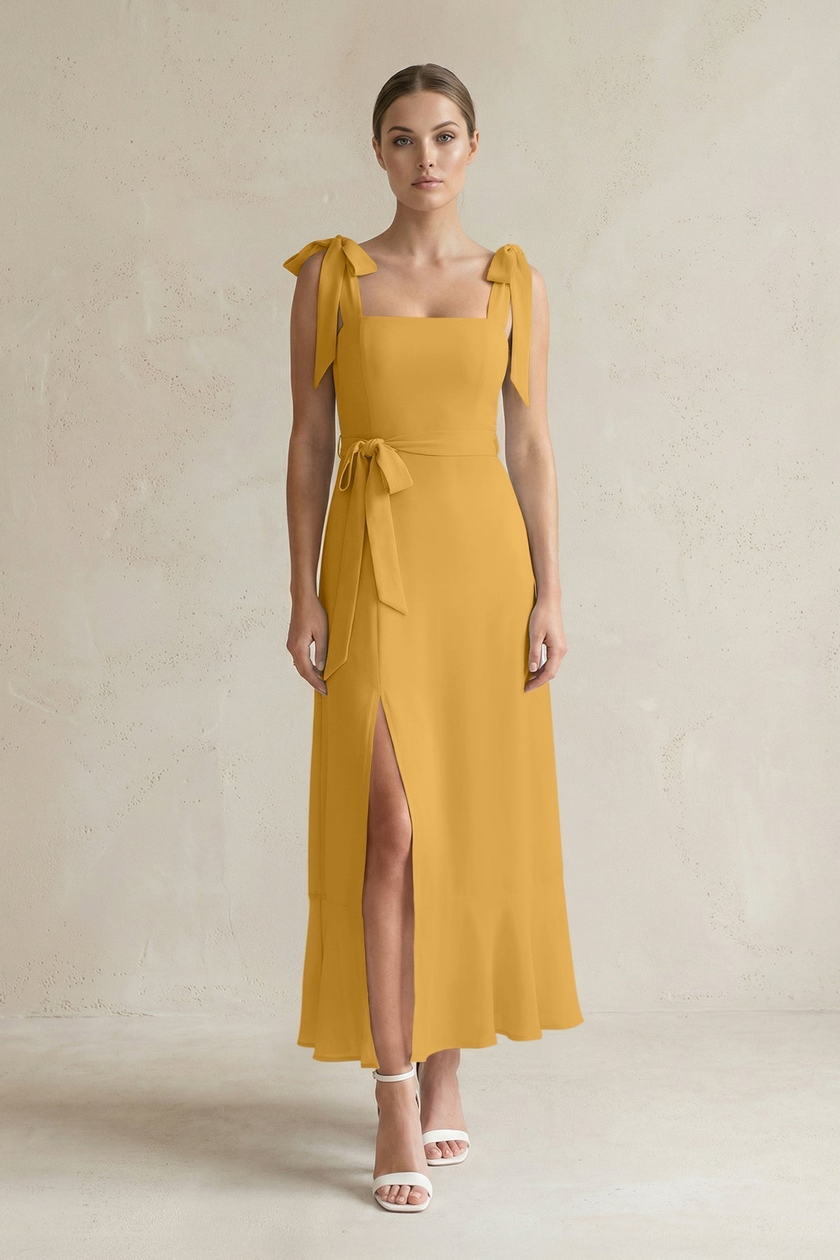 KissProm Square Neck A-Line Chiffon Midi Bridesmaid Dress with Bow in Marigold, Marigold / 12