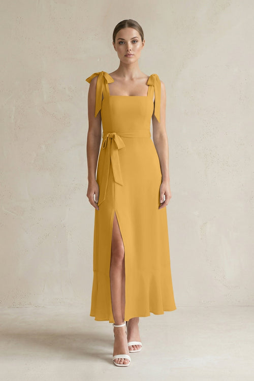 Square Neck A - Line Chiffon Midi Bridesmaid Dress with Bow in Marigold - KissProm Bridesmaid Dresses
