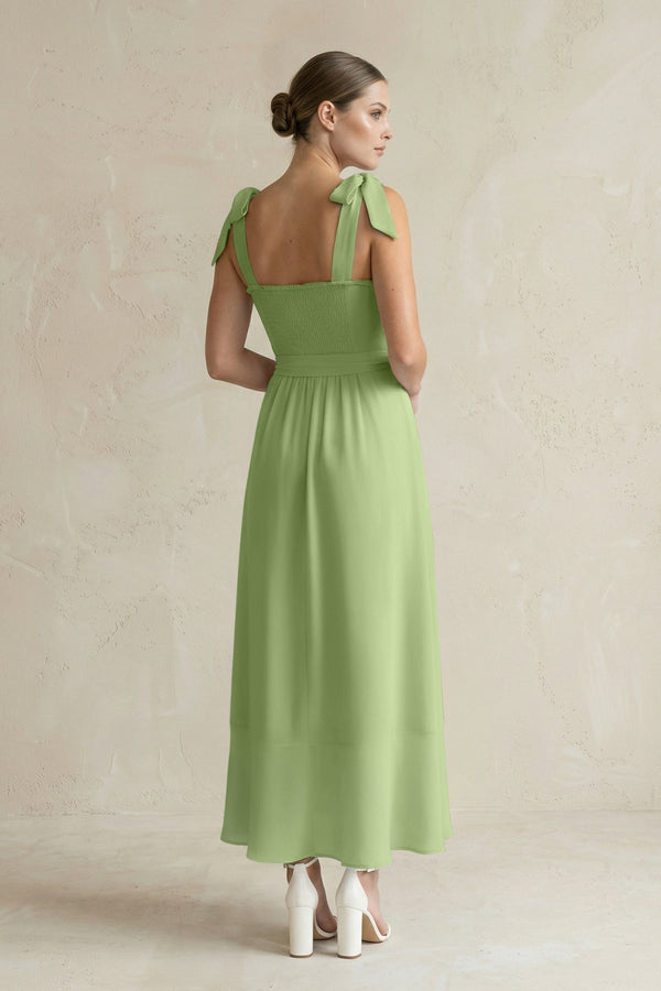 Square Neck A - Line Chiffon Midi Bridesmaid Dress with Bow in Matcha - KissProm Bridesmaid Dresses