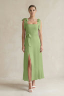 Square Neck A - Line Chiffon Midi Bridesmaid Dress with Bow in Matcha - KissProm Bridesmaid Dresses