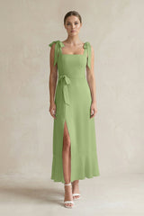 Square Neck A - Line Chiffon Midi Bridesmaid Dress with Bow in Matcha - KissProm Bridesmaid Dresses