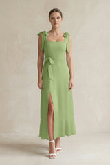 Square Neck A - Line Chiffon Midi Bridesmaid Dress with Bow in Matcha - KissProm Bridesmaid Dresses