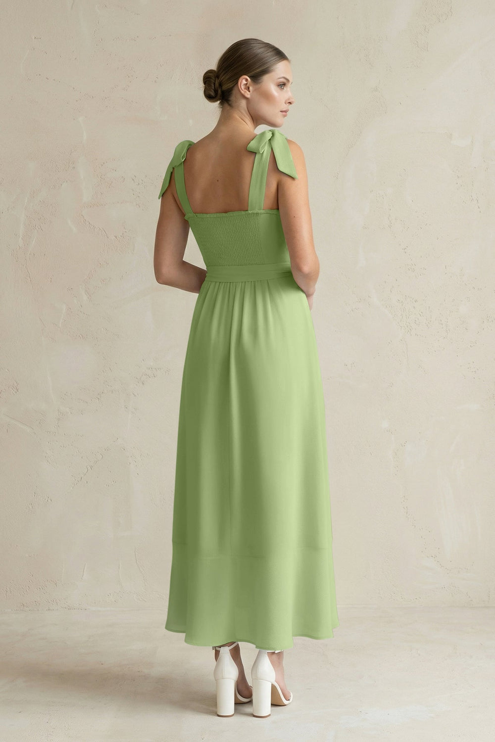 Square Neck A - Line Chiffon Midi Bridesmaid Dress with Bow in Matcha - KissProm Bridesmaid Dresses