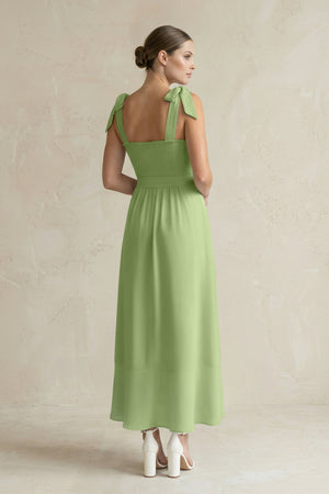Square Neck A - Line Chiffon Midi Bridesmaid Dress with Bow in Matcha - KissProm Bridesmaid Dresses
