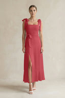 Square Neck A - Line Chiffon Midi Bridesmaid Dress with Bow in Merlot - KissProm Bridesmaid Dresses
