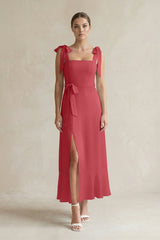 Square Neck A - Line Chiffon Midi Bridesmaid Dress with Bow in Merlot - KissProm Bridesmaid Dresses