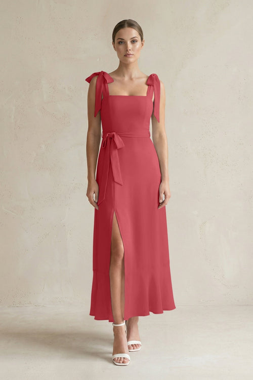 Square Neck A - Line Chiffon Midi Bridesmaid Dress with Bow in Merlot - KissProm Bridesmaid Dresses