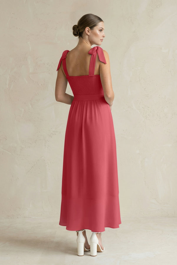 Square Neck A - Line Chiffon Midi Bridesmaid Dress with Bow in Merlot - KissProm Bridesmaid Dresses