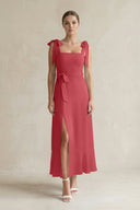 Square Neck A - Line Chiffon Midi Bridesmaid Dress with Bow in Merlot - KissProm Bridesmaid Dresses