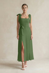 Square Neck A - Line Chiffon Midi Bridesmaid Dress with Bow in Moss - KissProm Bridesmaid Dresses