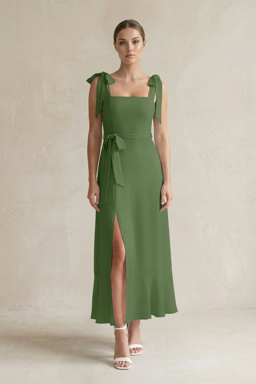 Square Neck A - Line Chiffon Midi Bridesmaid Dress with Bow in Moss - KissProm Bridesmaid Dresses