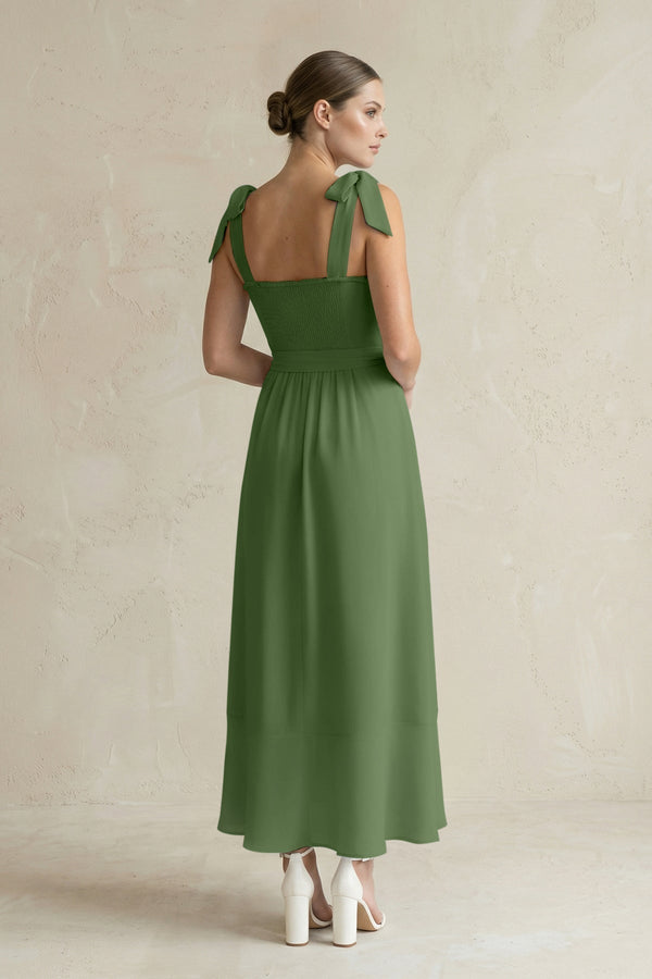 Square Neck A - Line Chiffon Midi Bridesmaid Dress with Bow in Moss - KissProm Bridesmaid Dresses