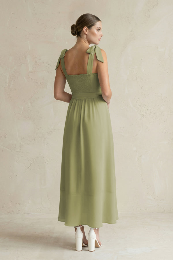 Square Neck A - Line Chiffon Midi Bridesmaid Dress with Bow in Moss Green - KissProm Bridesmaid Dresses