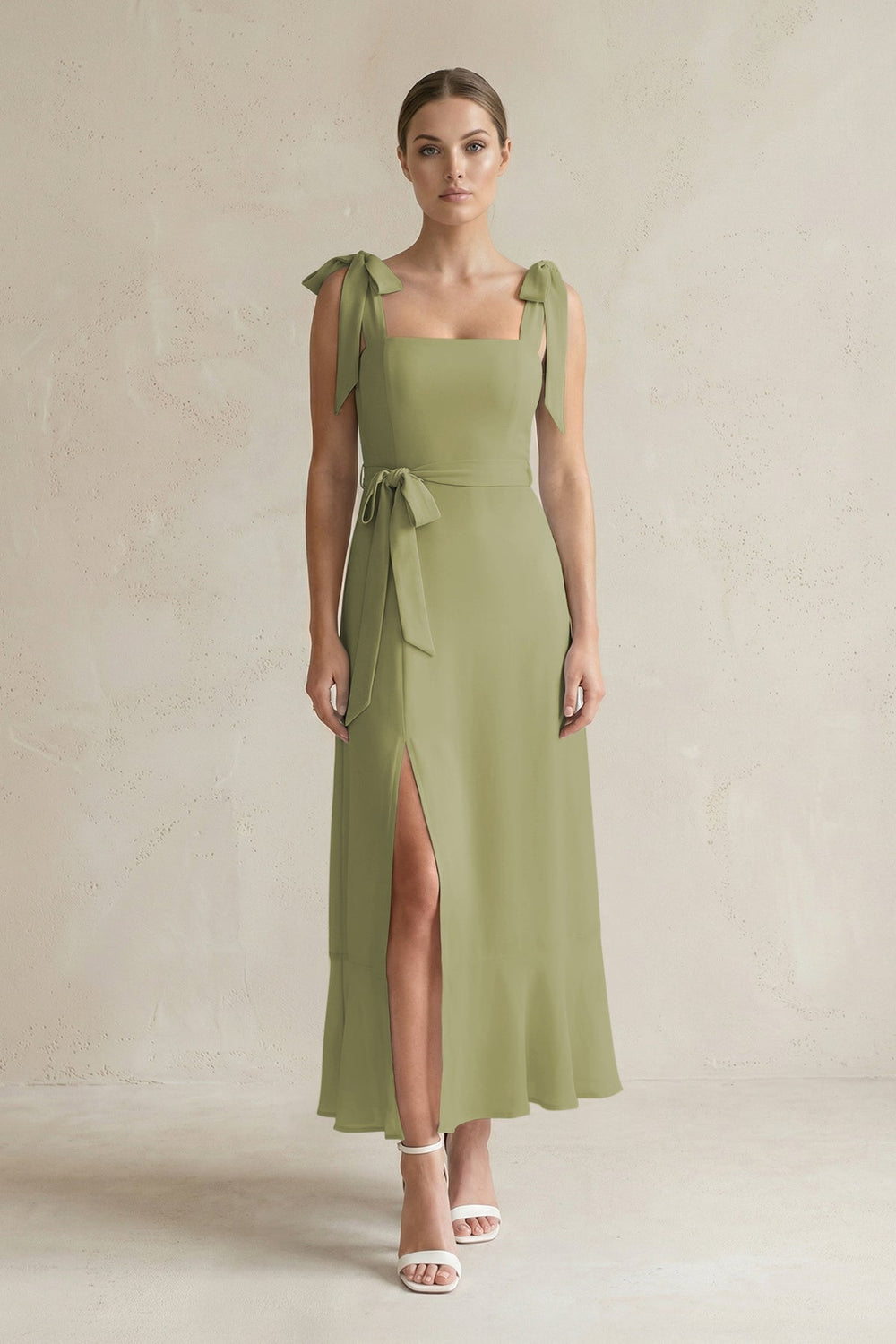 Square Neck A - Line Chiffon Midi Bridesmaid Dress with Bow in Moss Green - KissProm Bridesmaid Dresses