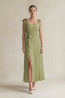 Square Neck A - Line Chiffon Midi Bridesmaid Dress with Bow in Moss Green - KissProm Bridesmaid Dresses