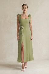 Square Neck A - Line Chiffon Midi Bridesmaid Dress with Bow in Moss Green - KissProm Bridesmaid Dresses