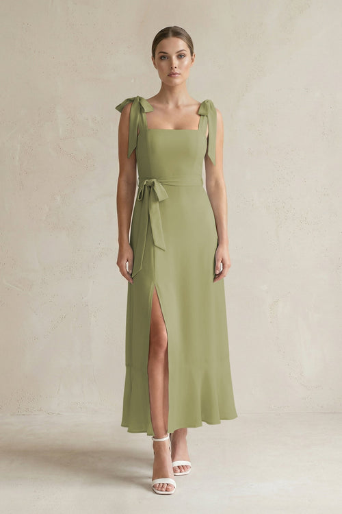 Square Neck A - Line Chiffon Midi Bridesmaid Dress with Bow in Moss Green - KissProm Bridesmaid Dresses
