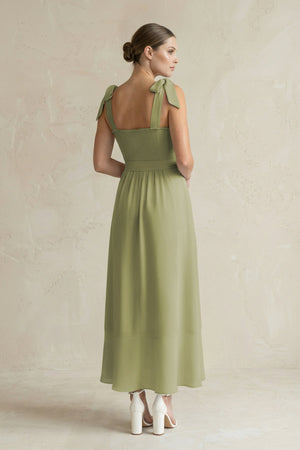 Square Neck A - Line Chiffon Midi Bridesmaid Dress with Bow in Moss Green - KissProm Bridesmaid Dresses