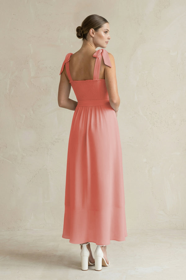 Square Neck A - Line Chiffon Midi Bridesmaid Dress with Bow in Mulberry - KissProm Bridesmaid Dresses