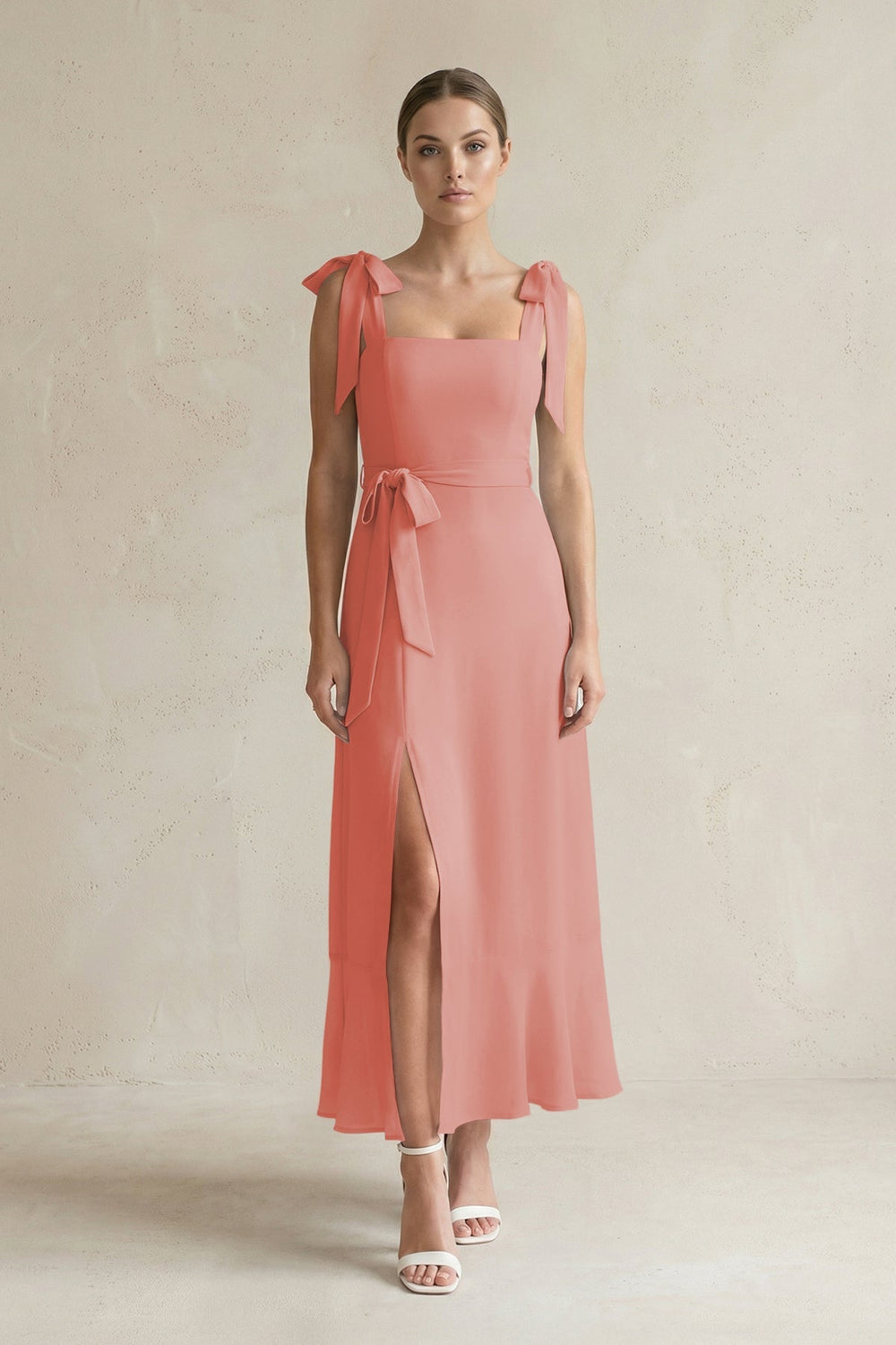 Square Neck A - Line Chiffon Midi Bridesmaid Dress with Bow in Mulberry - KissProm Bridesmaid Dresses