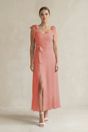 Square Neck A - Line Chiffon Midi Bridesmaid Dress with Bow in Mulberry - KissProm Bridesmaid Dresses