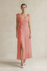 Square Neck A - Line Chiffon Midi Bridesmaid Dress with Bow in Mulberry - KissProm Bridesmaid Dresses