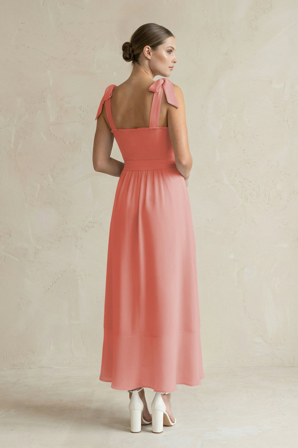 Square Neck A - Line Chiffon Midi Bridesmaid Dress with Bow in Mulberry - KissProm Bridesmaid Dresses