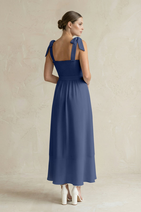Square Neck A - Line Chiffon Midi Bridesmaid Dress with Bow in Navy - KissProm Bridesmaid Dresses