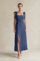 Square Neck A - Line Chiffon Midi Bridesmaid Dress with Bow in Navy - KissProm Bridesmaid Dresses
