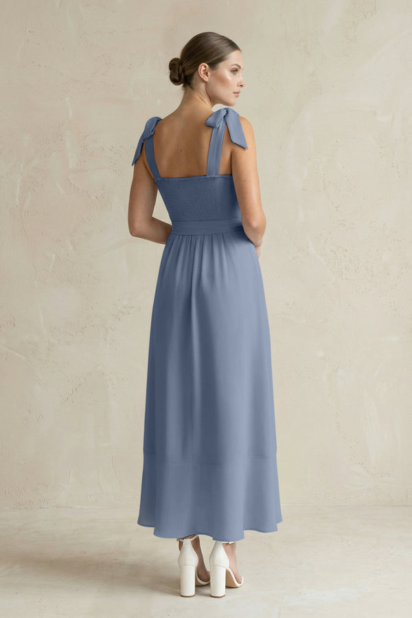Square Neck A - Line Chiffon Midi Bridesmaid Dress with Bow in Neptune - KissProm Bridesmaid Dresses